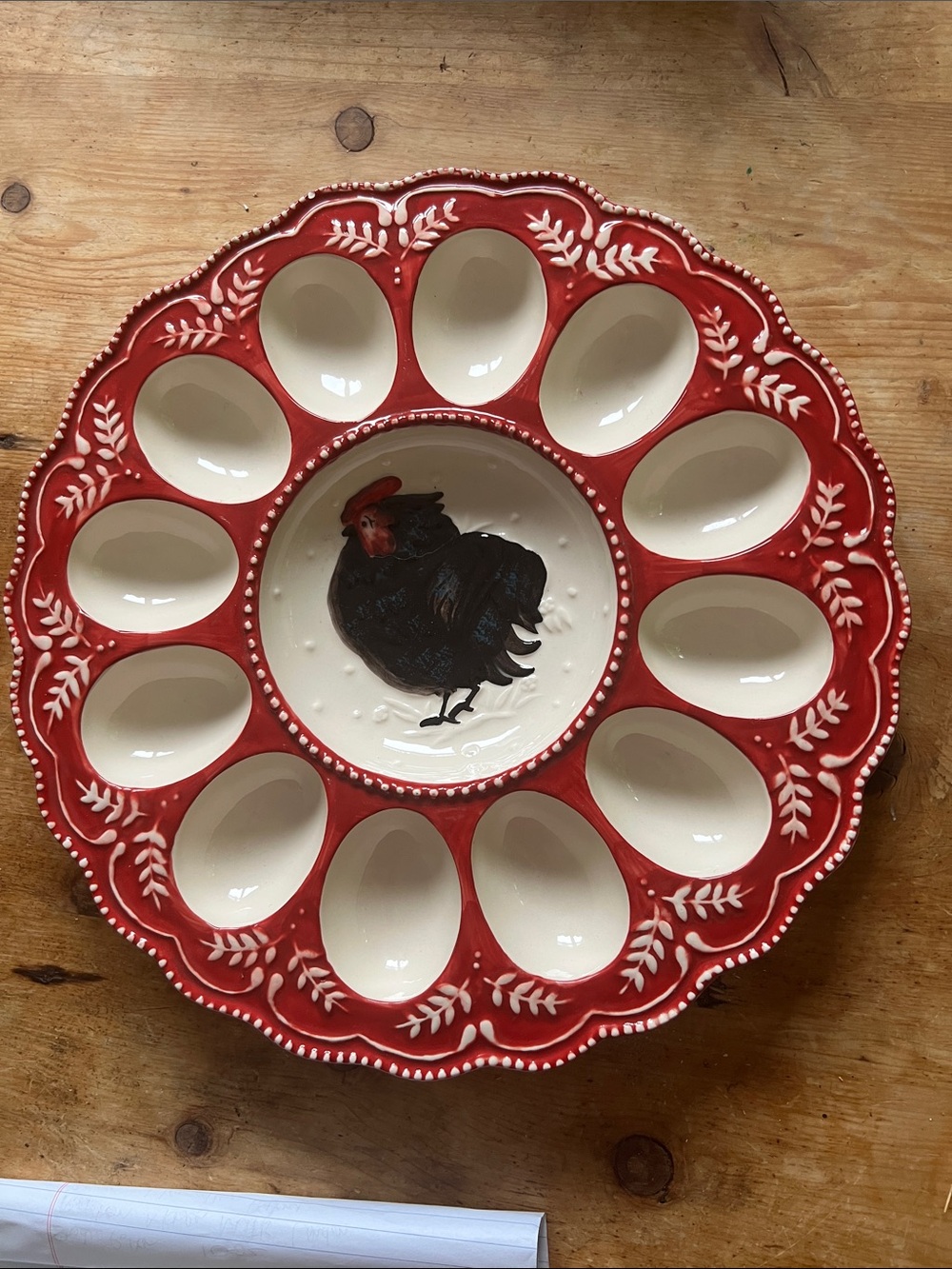 Blue Sky Heather Goldminc Black Rooster 2012 ceramic 13” deviled egg platter